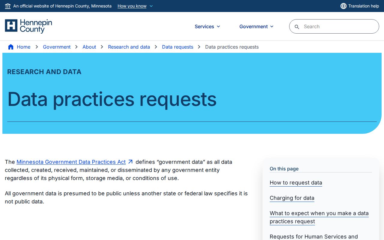 Hennepin County residents directory public data request portal