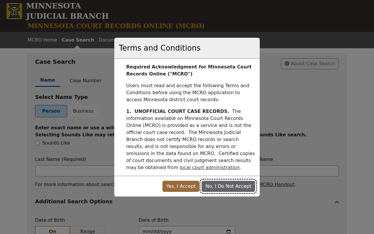 Hennepin County resident lookup on the Minnesota Court Records Online search screen