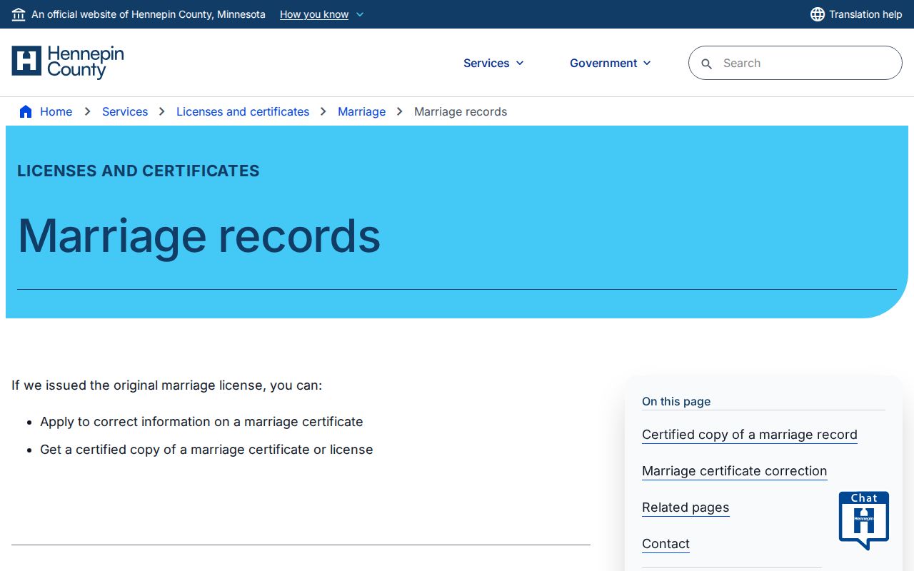 Hennepin County resident lookup marriage record request options