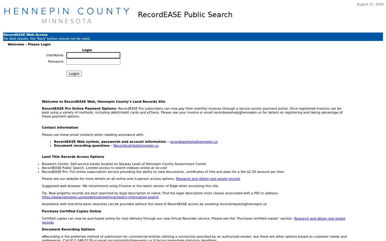 Hennepin County street directory RecordEASE public deed-index access