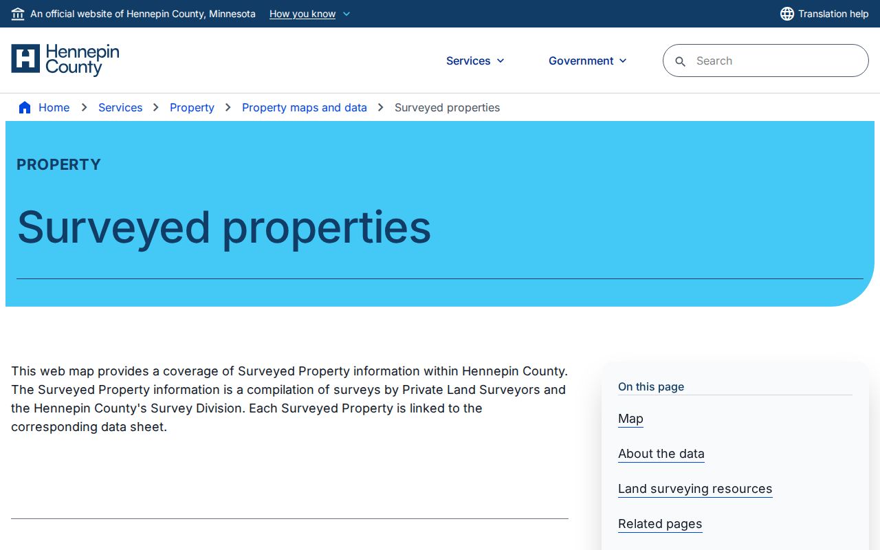 Hennepin County street directory surveyed-property viewer for parcel research